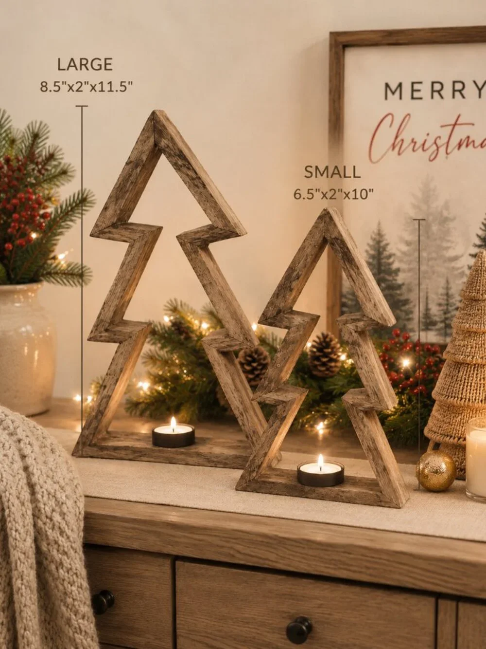 Wood Christmas Tree Tea Light Candle Holders Set of 2 Rustic Holiday Decor NWT